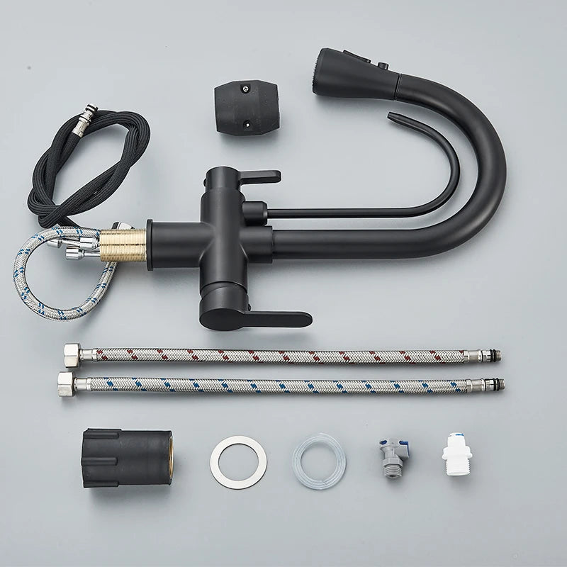 Quyanre Matte Black Filtered Crane For Kitchen Pull Out Spray 360 Rotation Water Filter Tap Three Ways Sink Mixer Kitchen Faucet