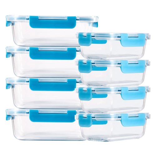 8-Piece Glass Food Storage Containers Set, BPA-Free, Leakproof, Microwave & Oven Safe, 6 Sizes, Borosilicate Glass Lock Lid