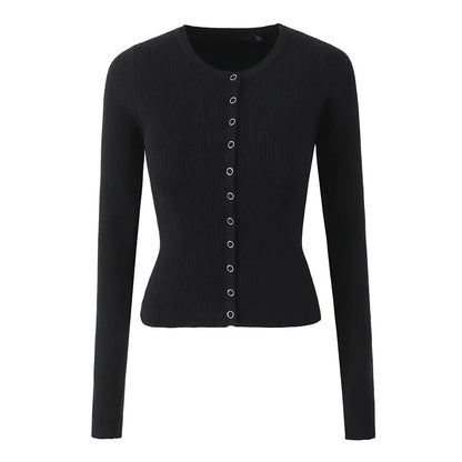 Ribbed Knit Cardigan T-shirt Long Sleeve Women Slim Fit O-neck Crop Top Button Korean Chic Women Clothing Sweater Streetwear New