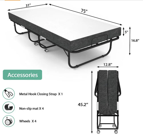 Folding Bed with Mattress Portable Foldable Guest Beds Cot Size Rollaway Beds for Adults with Luxurious Memory 5 Inch Foam Mattr