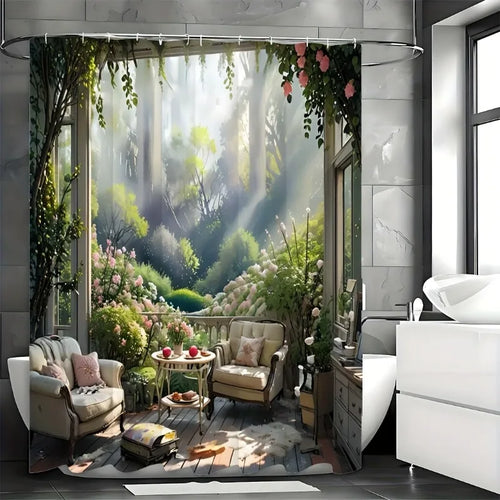 Romantic Pink Flower Shower Curtain - Water-Repellent & Durable Polyester, Lush Woven Weave Design, Complete with Hooks,