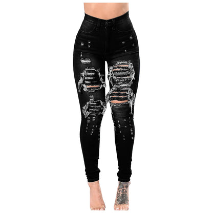 Fashion Hole Ripped Tassel Jeans Sexy High Waist Stretch Full Length Tight Denim Pants Women's Hip-lifting Distressed Trousers