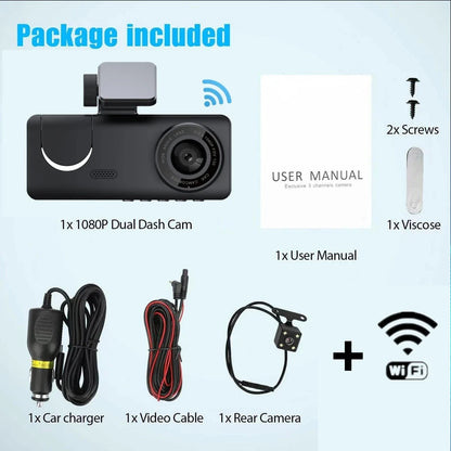 1080P WiFi Dash Cam HD Car DVR 2 Inch IPS Screen Triple Lens Video Recorder Front Rear Inside Parking Monitoring Car Accessories