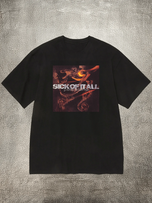 Men's Black 200g Cotton Crew - Neck Short - Sleeve T - Shirt with "Sick of It All" Band - Style Heat - Transfer Print