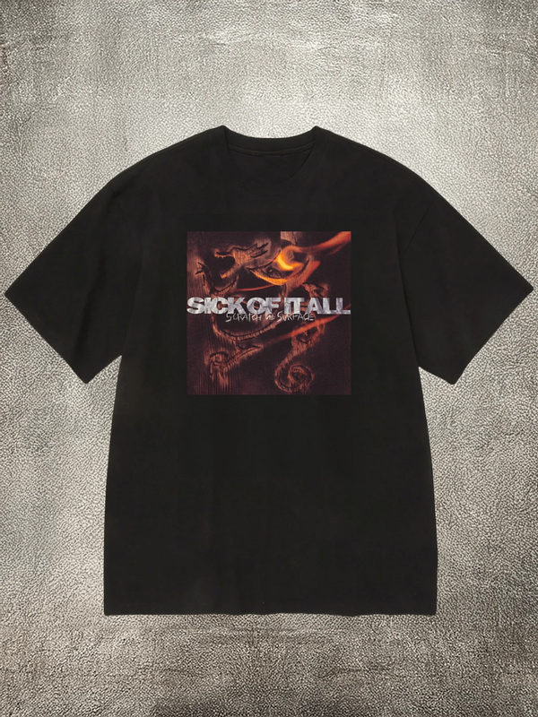 Men's Black 200g Cotton Crew - Neck Short - Sleeve T - Shirt with "Sick of It All" Band - Style Heat - Transfer Print