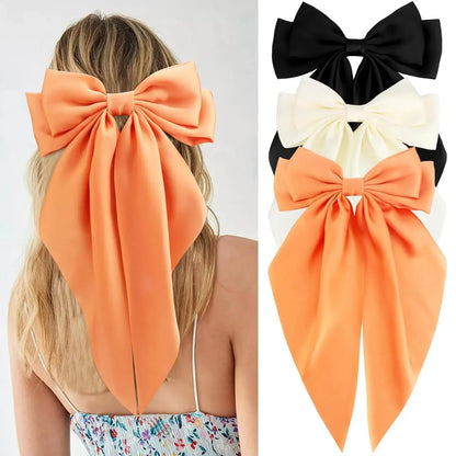 Hair Bows for Women Girls 3Pcs White Pink Black Silky Satin Large Bows Hair Clip Oversized Hair Ribbons Long Tail Big Hair Bows