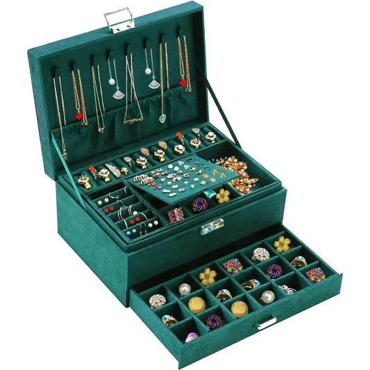 Jewelry Boxes for Women Green Velvet Jewelry Organizer with Lock,Jewelry Organizers and Storage Earring and Necklace Holder