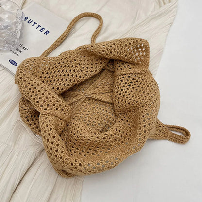 Women Hollow Summer Bag Solid Color Aesthetic Hobo Bag Large Capacity Knitted Tote Handbag Ladies Daily Handbag