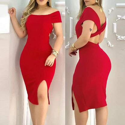 Women'S Sexy Dress Loose Plain Off-Shoulder Open Back Hip-Hugging Side Slit Midi Dress Party Club Temptation Cocktail Dresses