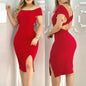 Women'S Sexy Dress Loose Plain Off-Shoulder Open Back Hip-Hugging Side Slit Midi Dress Party Club Temptation Cocktail Dresses