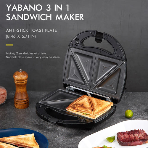 Yabano Sandwich Maker, 3 in 1 Waffle Maker, Toaster and Electric Panini Press Grill with Non-stick Coating Plate, Easy to Clean
