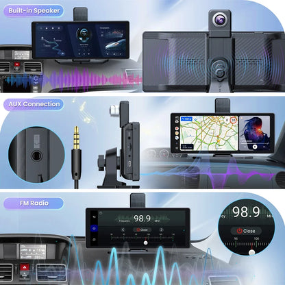 QOZ 10.26" Car Intelligent Screen with 4K 360° Rotation Dash Cam Wireless CarPlay & Android Auto AUX FM Bluetooth WIFI