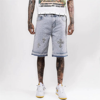 Retro Gothic Y2k Sweatpants Oversized Iron Diamond Pattern Denim Shorts for Men Hip Hop Punk Low Waist Gym Shorts Streetwear