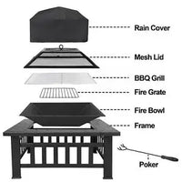 32" Metal Firepit Patio Backyard Garden Square Stove Cover Fire Pit Heat Brazier