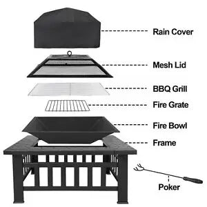 32" Metal Firepit Patio Backyard Garden Square Stove Cover Fire Pit Heat Brazier