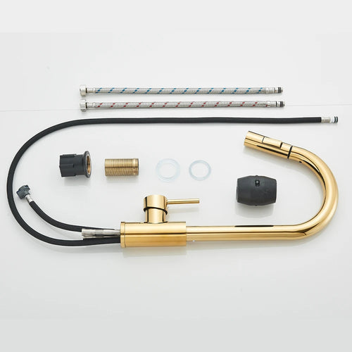 Polished Gold Kitchen Sink Faucet Pull Out Spout  Cold Hot Water Mixer Taps Deck Mounted