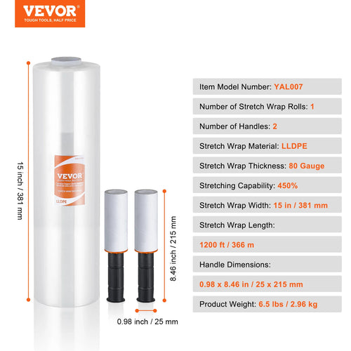 VEVOR 1/2/3/4 Packs Stretch Film 15 in Clear Shrink Film Roll Stretch Wrap with Handles for Pallet Wrapping Shipping Moving