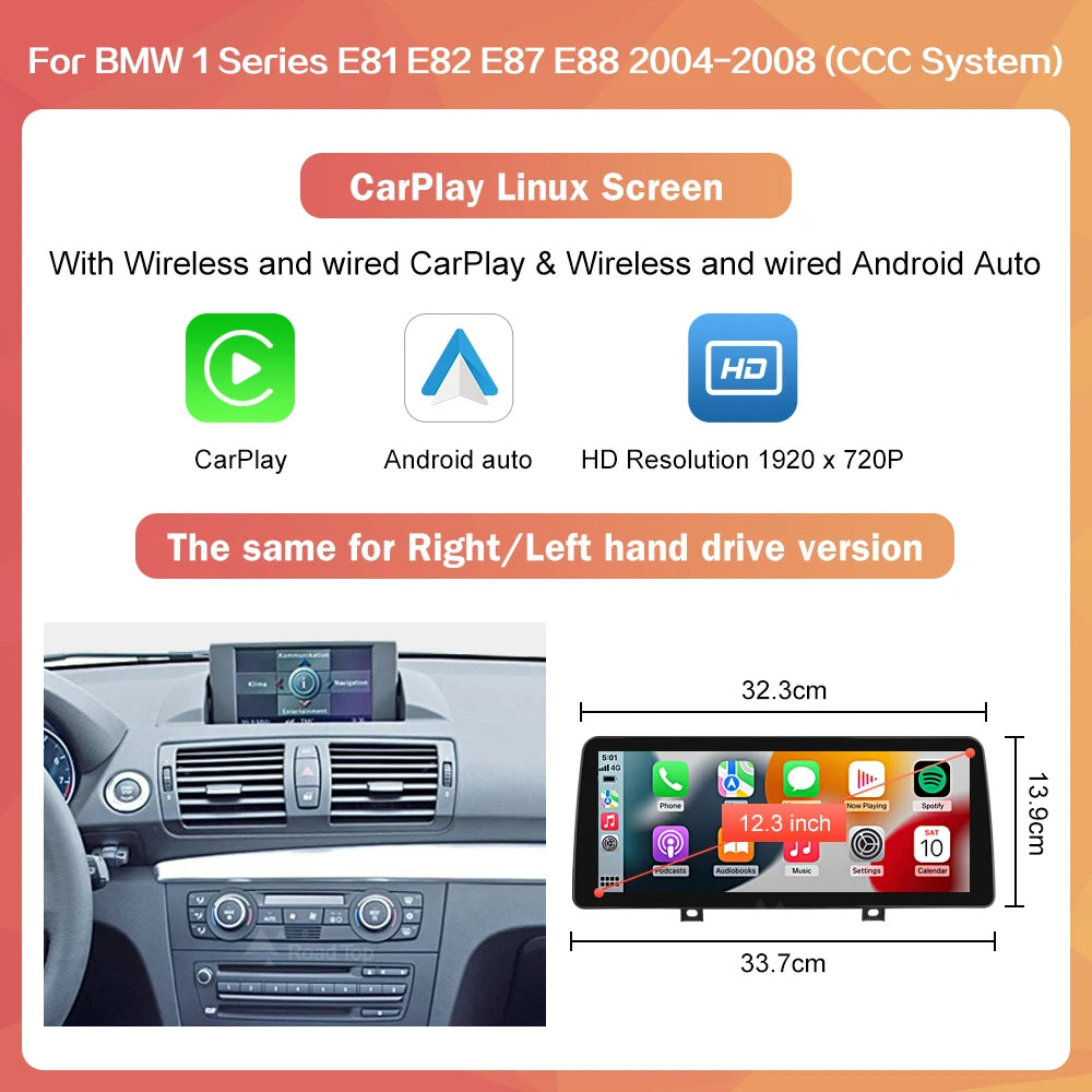 Road Top Wireless CarPlay Android Auto Car Multimedia player For BMW 1 Series E81 E82 E87 E88 Head Unit Screen Display monitor