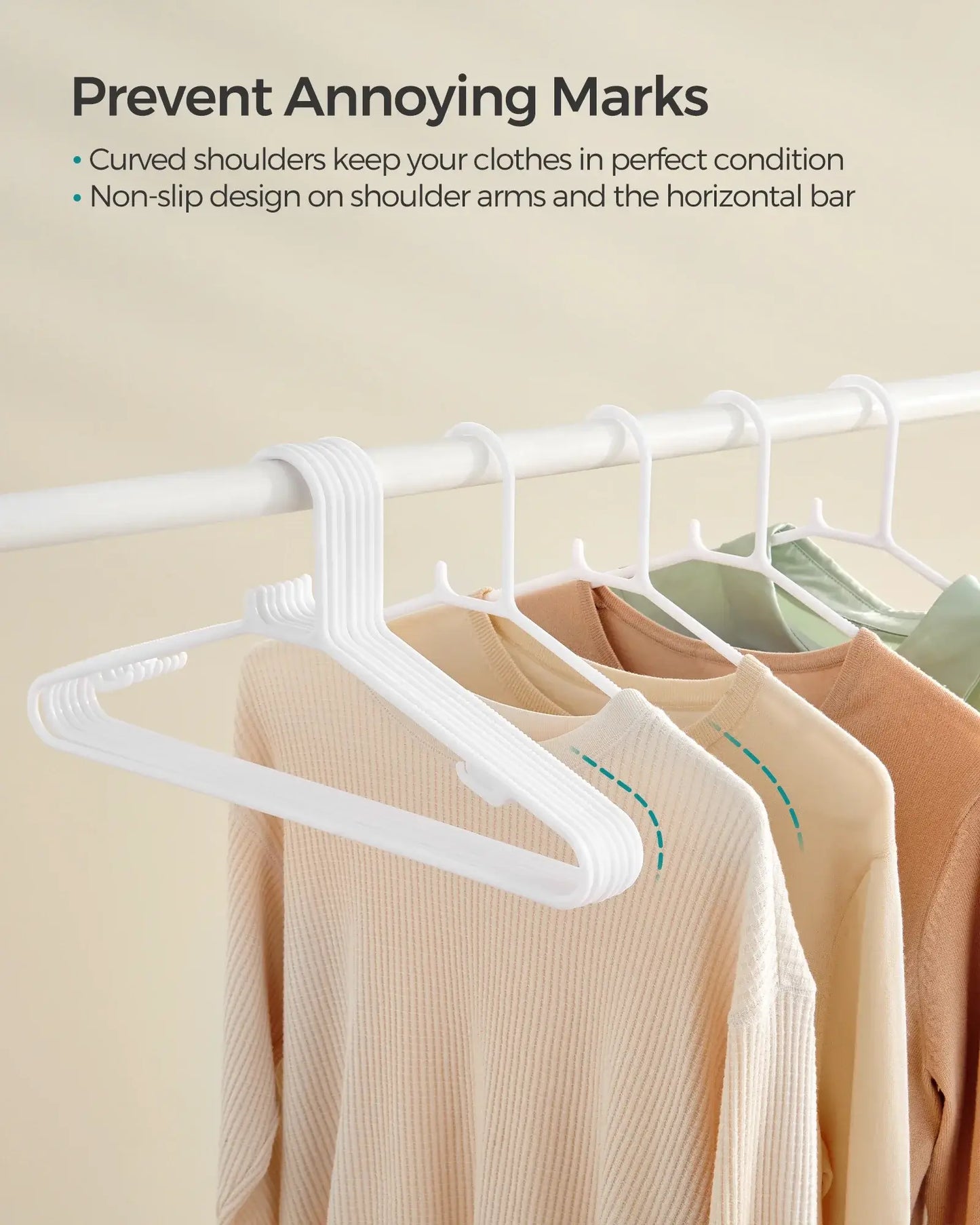 SONGMICS plastic hangers on rack with clothes, featuring non-slip design and curved shoulders for wrinkle-free storage.