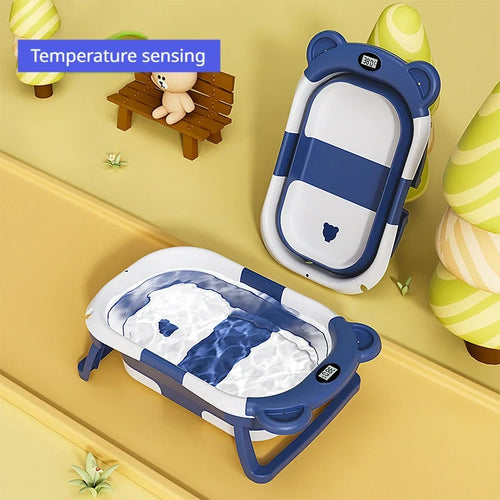 Folding Baby Bath Tub with Temperature Gauge and Cushion for 0-36 Months, Portable and Lightweight for Outdoor Bathing
