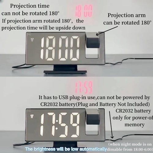 180° Arm Projection Alarm Clock Time Temperature USB Plug-in Digital Alarm Clock Snooze Table Clock 12/24H Projector LED Clock