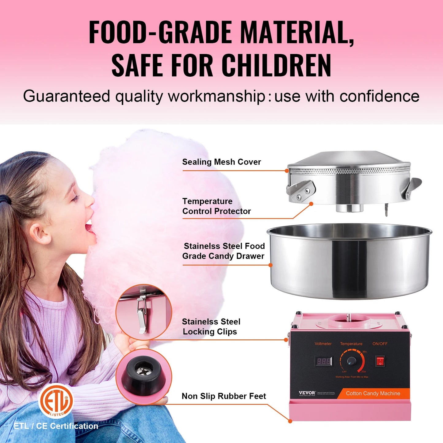 VEVOR Electric Cotton Candy Machine Candy Floss Maker Commercial Cotton Candy Machine with Stainless Steel Bowl and Sugar Scoop