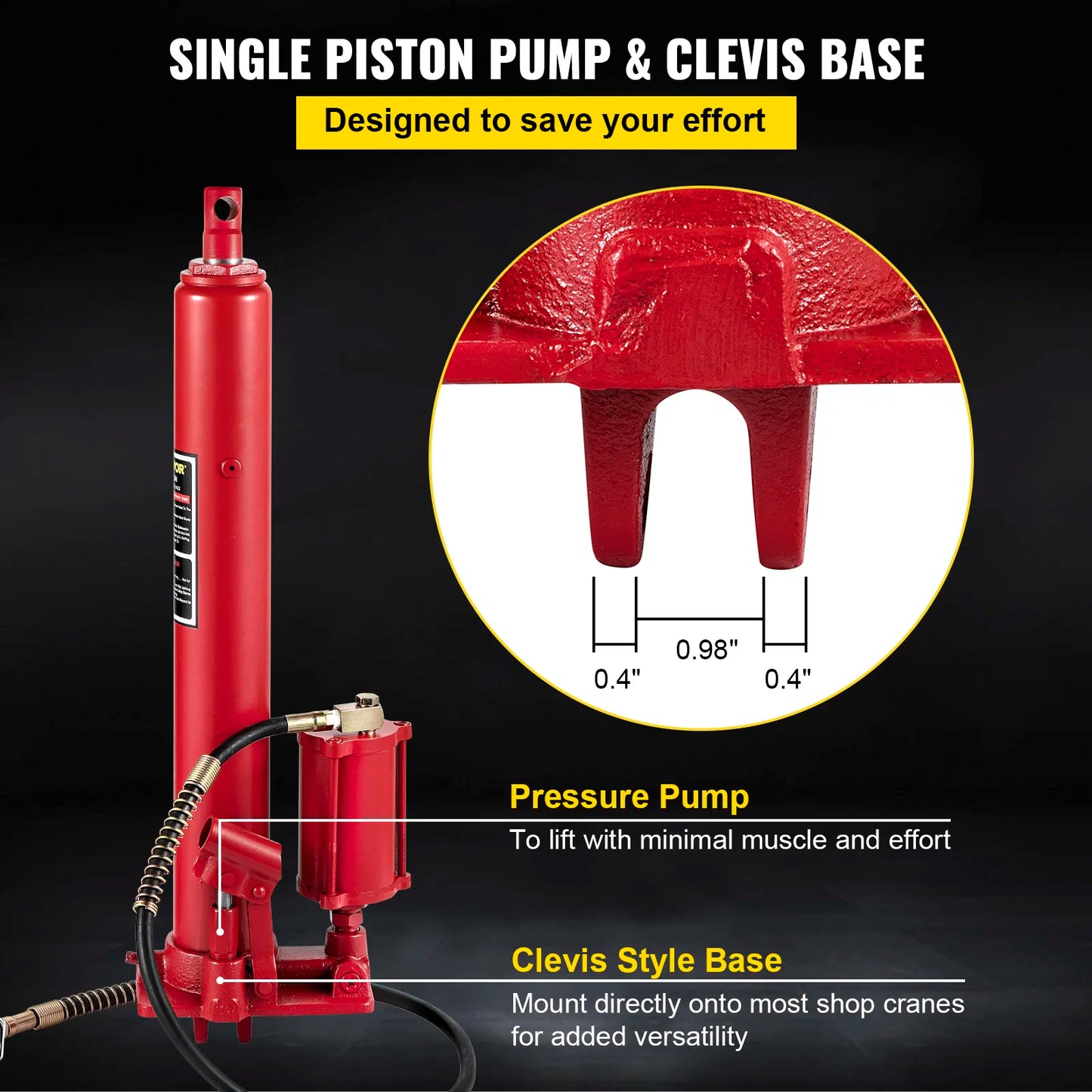 VEVOR Hydraulic/Pneumatic Long Ram Jack 8 Tons/17363 lbs Capacity, with Single Piston Pump and Clevis Base Manual Cherry Picker