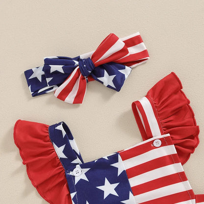 Red White Blue Patriotic Sleeveless Romper with Bow Headband for Baby Girls 4th of July Celebration Outfit