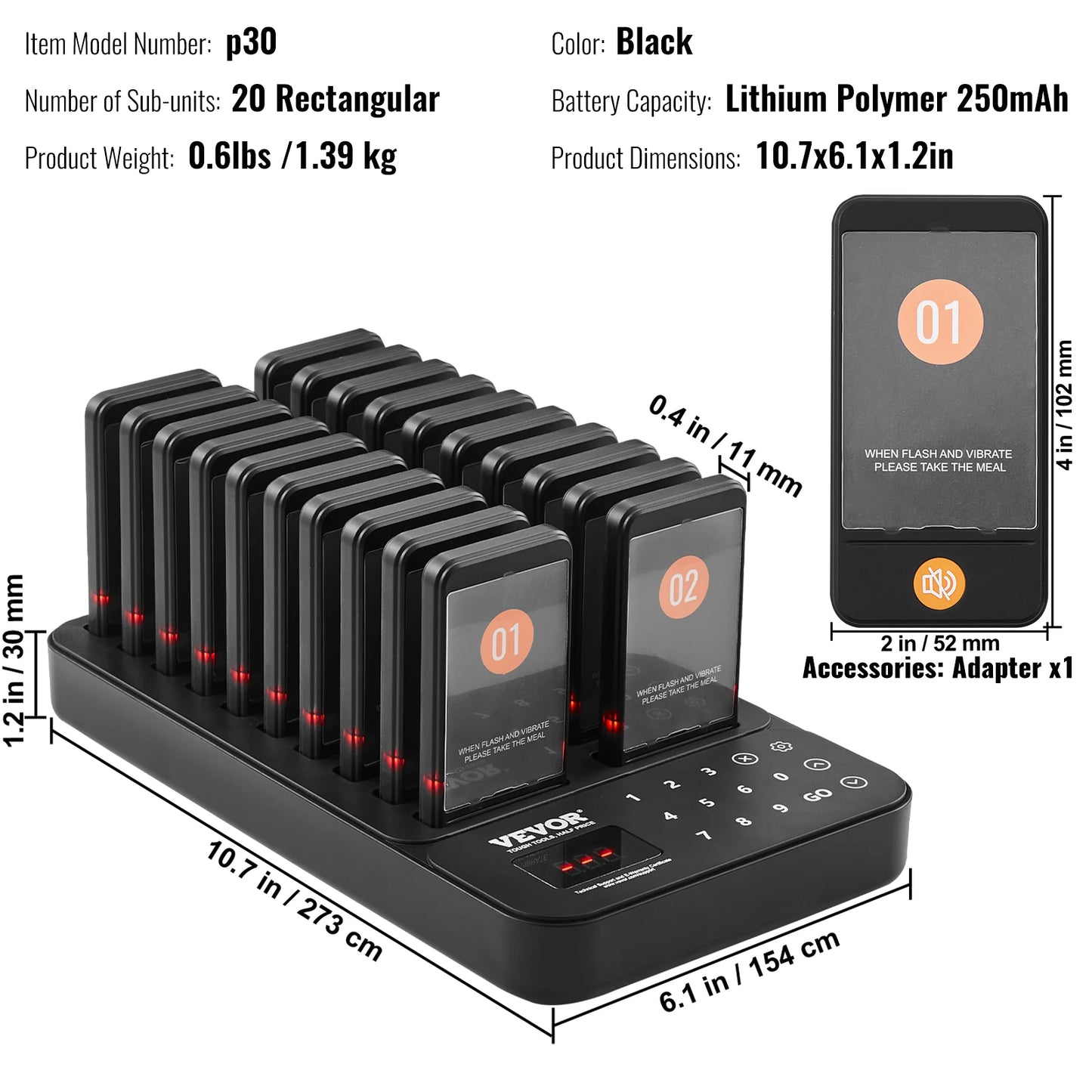 VEVOR 20 Buzzers Restaurant Pager System Wireless Range Waiting Pager Signal Customer Calling Beeper with Vibration Flashing