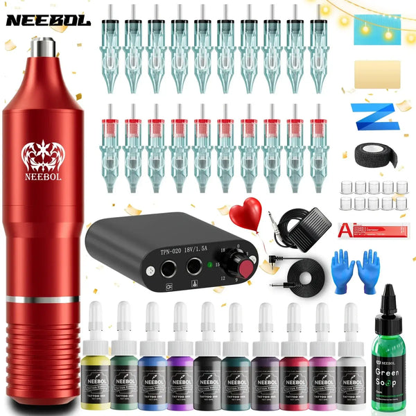 Valentine's Day Gift Neebol Wireless Tattoo Machine Kit Complete,Rotary Tattoo Pen,Tattoo Cartridge Needles, inks,Body Art Makeu