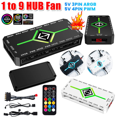 1 To 9 3 in 1 5V 3 Pin ARGB Controller Cooling Fan Hub w/ Remote 4 Pin PWM Magnetic Suction Hub SATA Powered for PC Case
