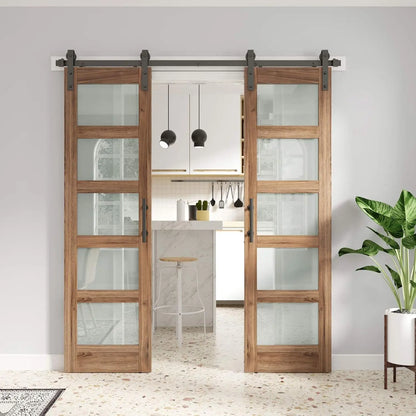 Double Glass Barn Door with Sliding Hardware Kit, 5-Panel Frosted Glass, Waterproof Surface, Ideal for Home or Office Use