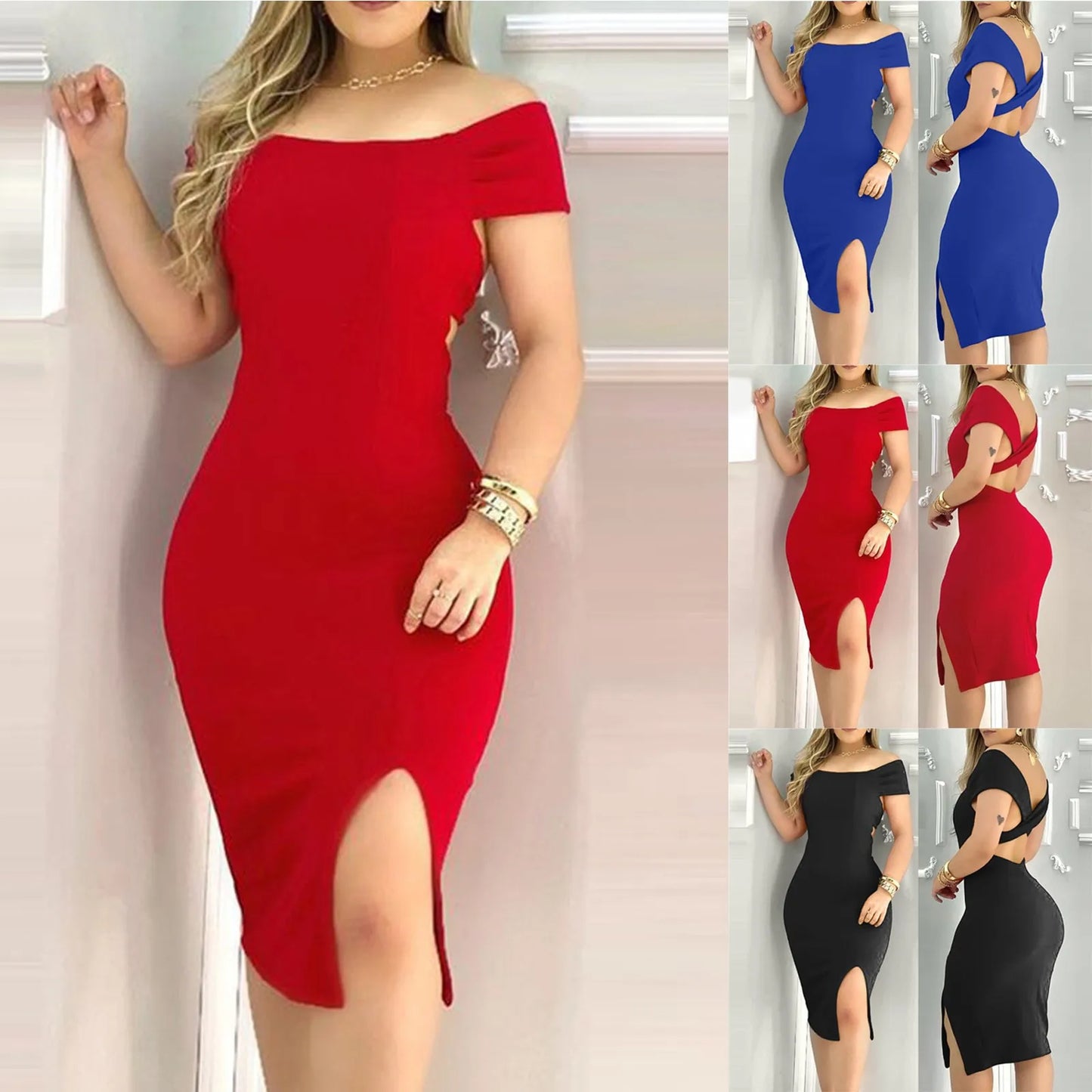 Women'S Sexy Dress Loose Plain Off-Shoulder Open Back Hip-Hugging Side Slit Midi Dress Party Club Temptation Cocktail Dresses