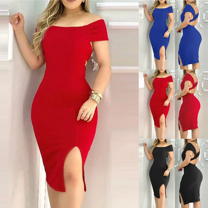 Women'S Sexy Dress Loose Plain Off-Shoulder Open Back Hip-Hugging Side Slit Midi Dress Party Club Temptation Cocktail Dresses