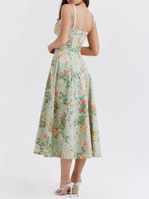 Women Summer Casual Midi Dress Floral Print Low-Cut Sleeveless Sling Sweet Dress Fashion Backless Temperament Dress