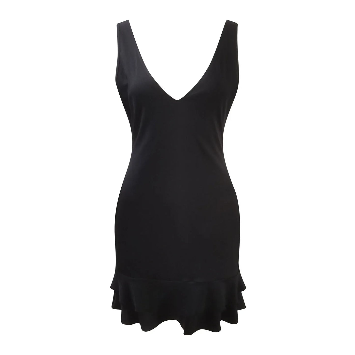 Women's Deep V-Neck Sleeveless Dress, Backless, Ruffled, Monochromatic, Hip-Hugging, Sexy, Fashionable, 2024