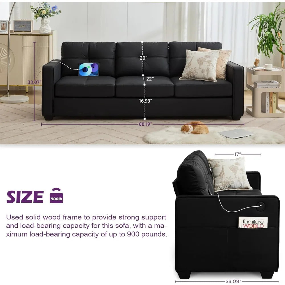 Faux Leater Sofa Couch Sectional Couches for Living Room, 88" Comfy Tufted Upholstery Sofas with USB & Type C Charger, Home 3 S