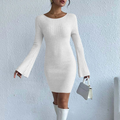 Solid Color High Quality Knitted Backless Dresses for Women Autumn Winter 2023 Elegant Long Sleeve Bodycon Casual Mini Dress