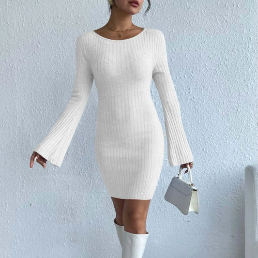 Solid Color High Quality Knitted Backless Dresses for Women Autumn Winter 2023 Elegant Long Sleeve Bodycon Casual Mini Dress