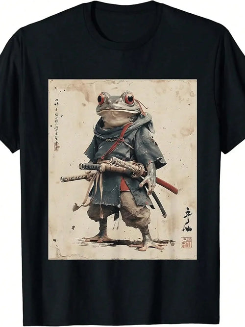 Vintage Samurai Frog Warrior T Shirt 100% Cotton Japanese Ukiyo e Art Round Neck Short Sleeve Machine Washable US Aesthetic