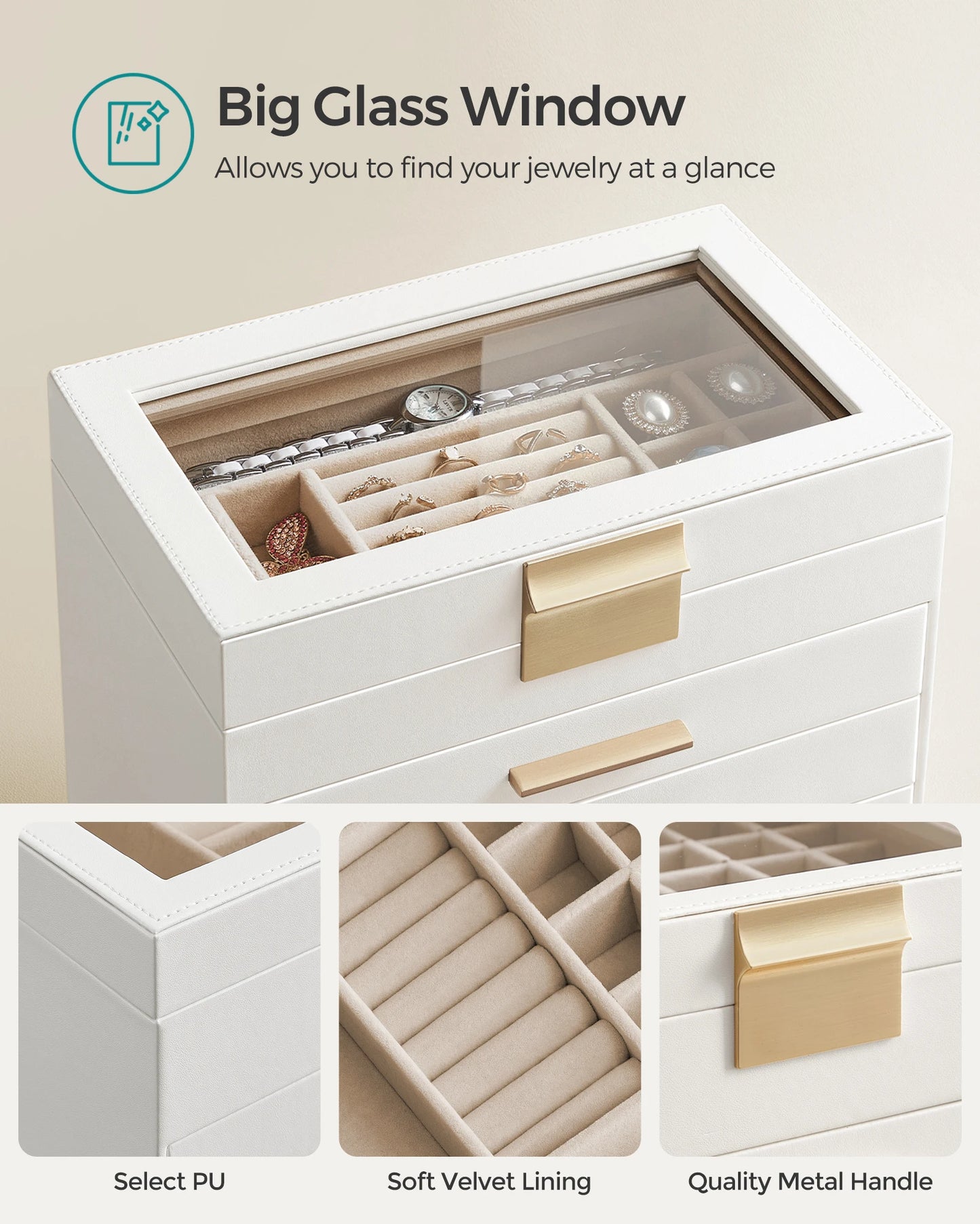 SONGMICS Jewelry Box with Glass Lid, 6-Layer Jewelry Organizer, 5 Drawers, for Sunglasses, Big Jewelry, Jewelry Storage
