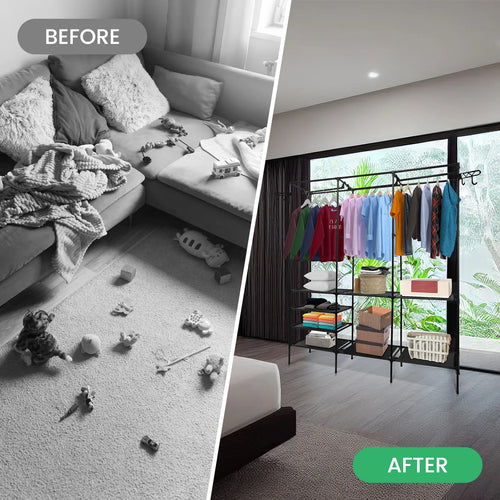 Metal Garment Rack Shoe Clothing Organizer Shelves Freestanding Multifunctional Clothes Wardrobe, Black