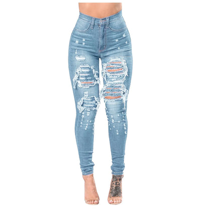 Fashion Hole Ripped Tassel Jeans Sexy High Waist Stretch Full Length Tight Denim Pants Women's Hip-lifting Distressed Trousers