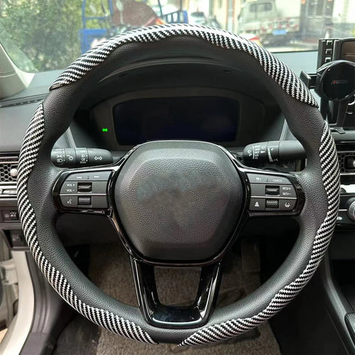 3PCS Laser Carbon Fiber Silicone Car Round Steering Wheel Cover Fiber Leather Wheel Booster Auto Cover Non-Slip Universal parts