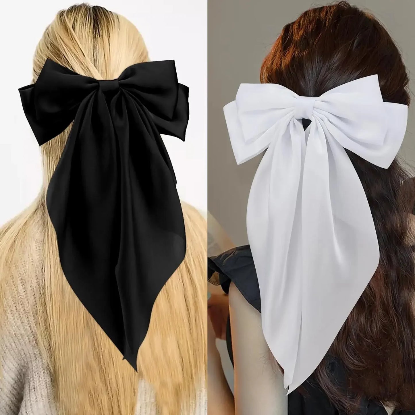 Hair Bows for Women Girls 3Pcs White Pink Black Silky Satin Large Bows Hair Clip Oversized Hair Ribbons Long Tail Big Hair Bows