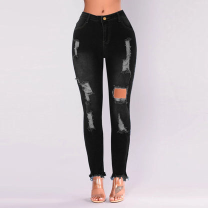 Fashion Hole Ripped Tassel Jeans Sexy High Waist Stretch Full Length Tight Denim Pants Women's Hip-lifting Distressed Trousers