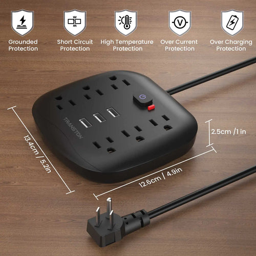 TRANSTON Power Outlet with Surge Protector, 6 power strip 3 USB Ports, 3.3ft Extension Cord, Fire Resistant, For Home and Off