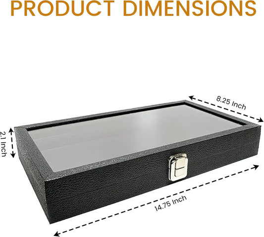 Display Case Black Leatherette Large Glass Jewelry Box with Lid | Display Cases for Collectibles | Rock Collection Box