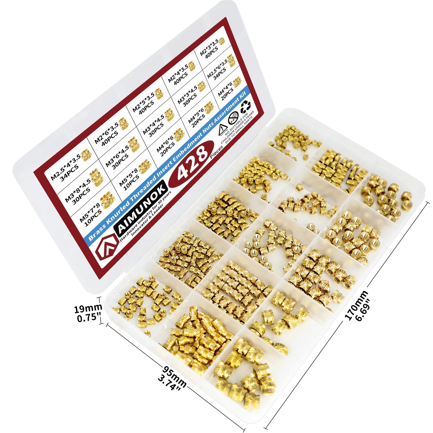 428Pcs 5 Values M2 M2.5 M3 M4 M5 Female Thread Knurled Nuts Brass Threaded Insert Embedment Nuts Hydraulic Welded Joint Injectio