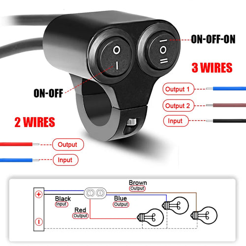 12V 10A 22mm 7/8" Motorcycle Handlebar Light Switch ON/OFF Button ON/OFF/ON Waterproof 3 Wires Motorbike Spotlight Retro Switch